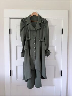Army Green Long Lightweight Button-Front Trench Coat Military Hi Low